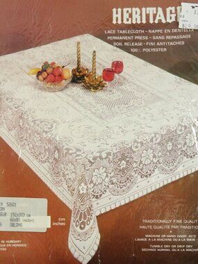 Vintage White Lace Tablecloth NOS Old Stock Polyester Hungary 60x80in Perm Pres